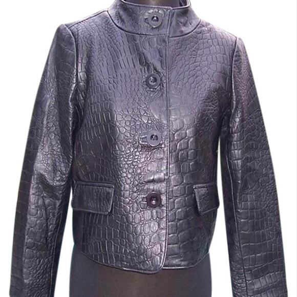 Cache Croc Textured Leather Lined Jacket Coat Top New Front Button NWT $348 - Picture 13 of 13